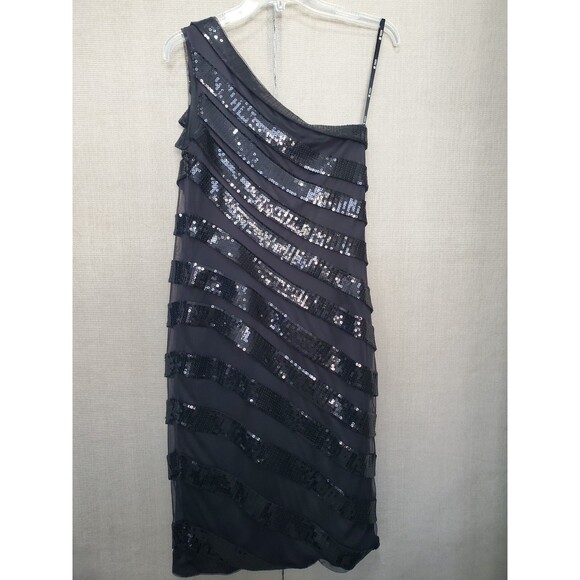 Tadashi Shoji Black Mesh Sequin One Shoulder Dress Cocktail Formal Party Size 8 - Picture 6 of 7